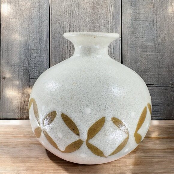 Vintage 1990s Hand Made Stoneware Pottery Vase Round Bottom Brown Pattern VTG - Picture 1 of 11
